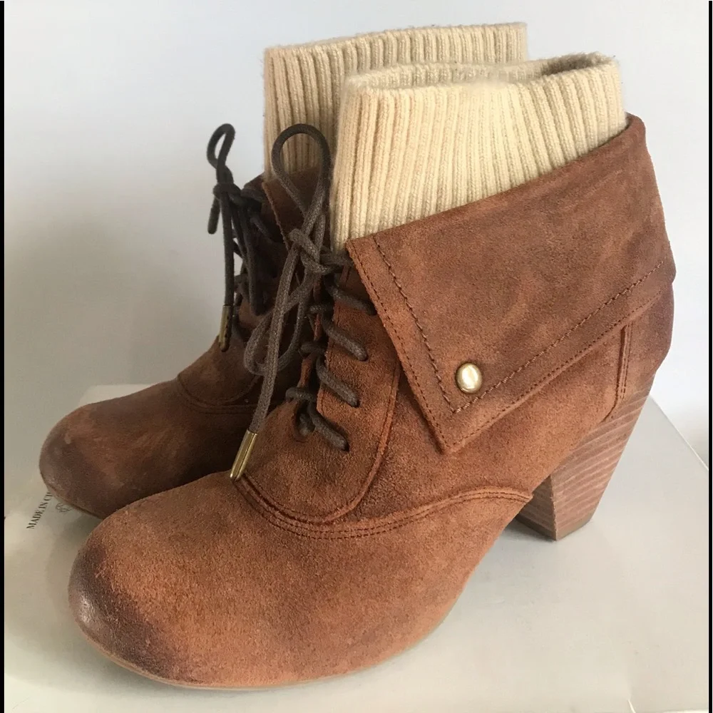 DR. SCHOLL'S BROWN SUEDE SWEATER KNIT LACE-UP ANKLE BOOT 7.5 NEW
